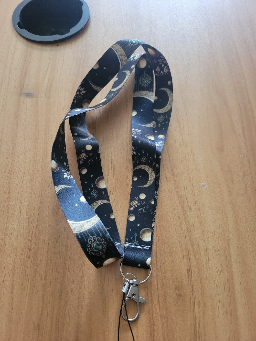 Black Celestial Moon Pattern Lanyard with Metal Clip